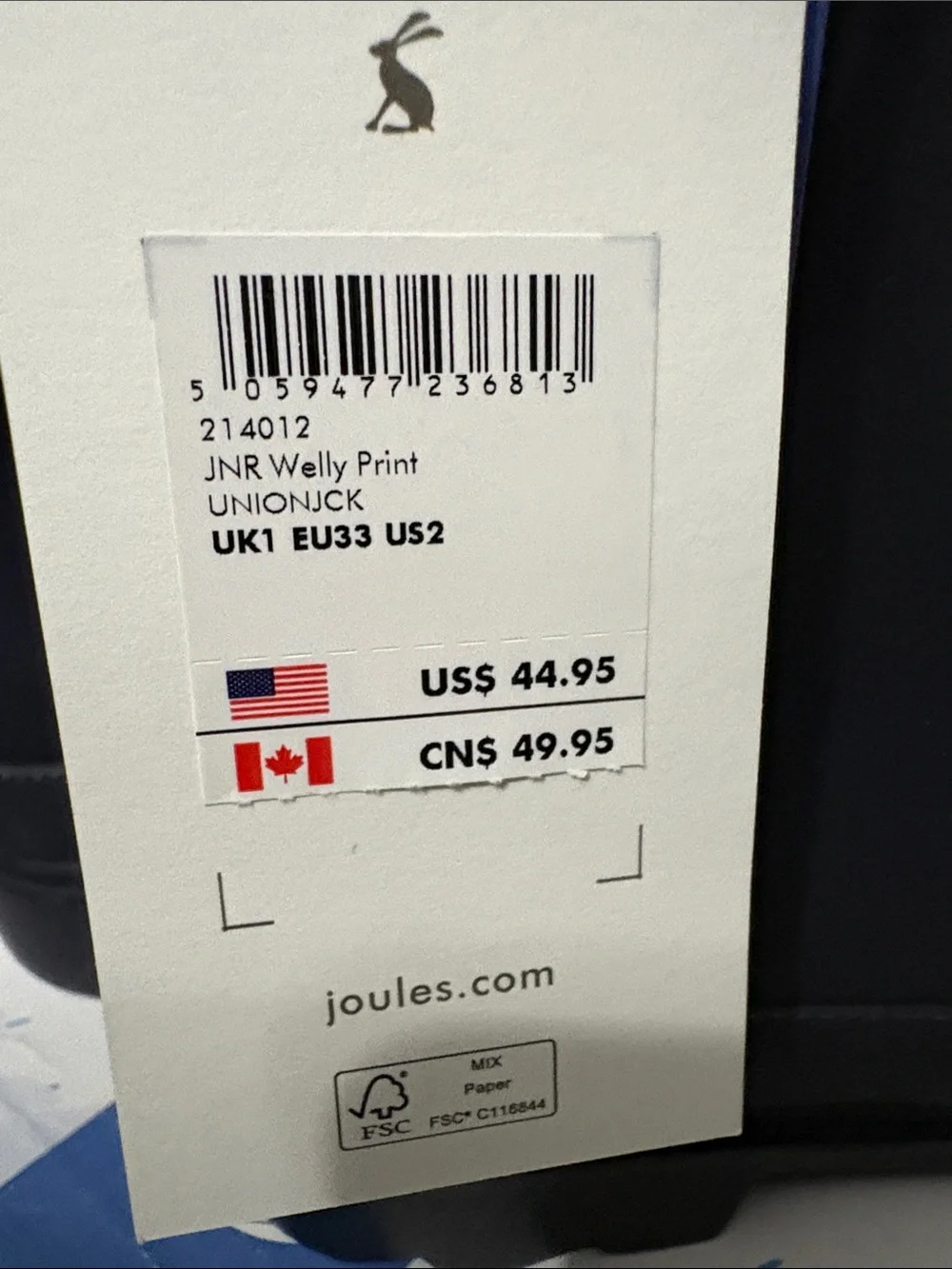 Joules Kids Rain Boots size US 2 NWT